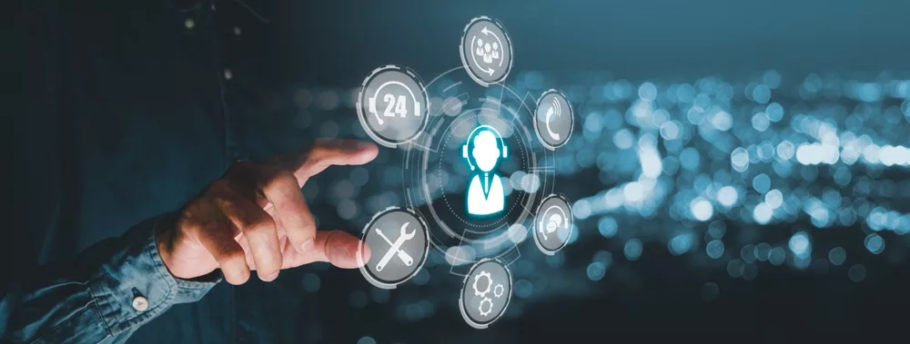 Illustrazione concettuale di una rete di comunicazione, con linee interconnesse e icone che rappresentano telefoni e computer, su uno sfondo sfocato di uffici.